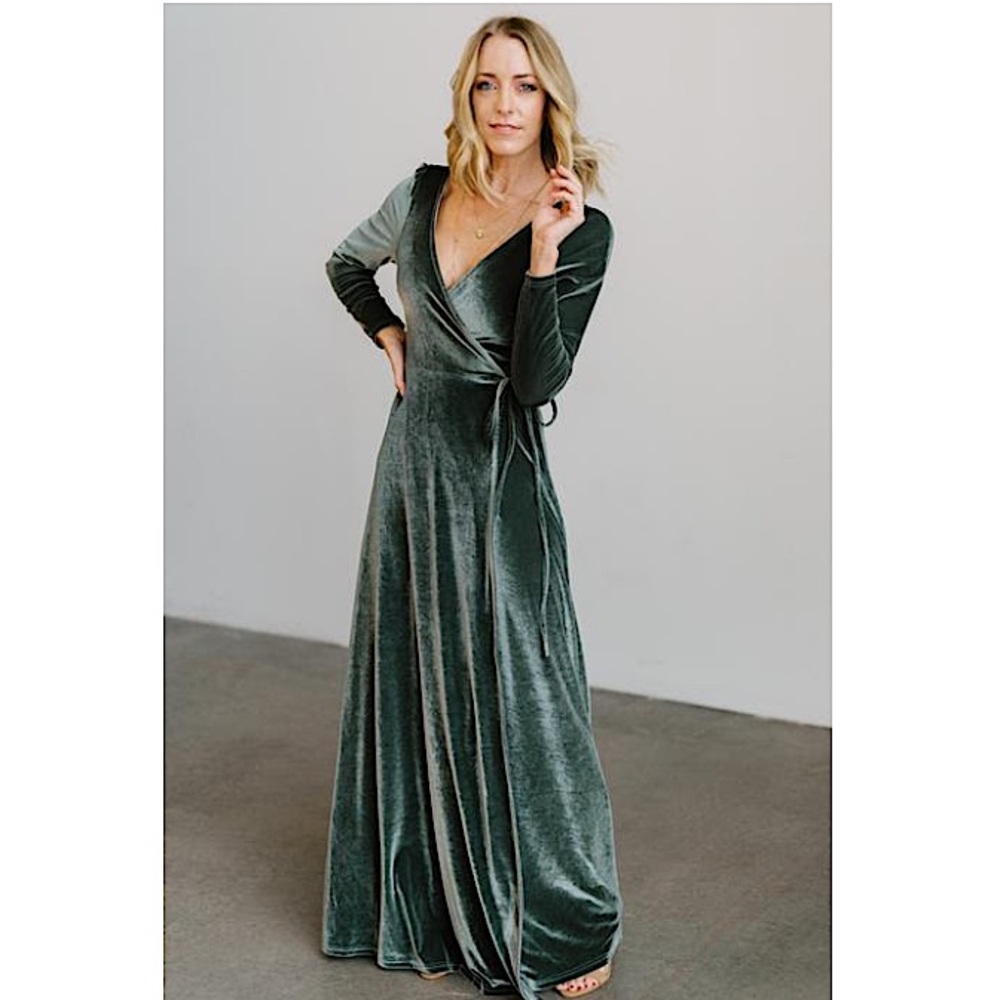 Esmerelda Velvet Wrap Maxi Dress in Eucalyptus